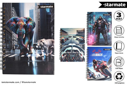 CUADERNO ESPIRAL 21*28CM 3materia