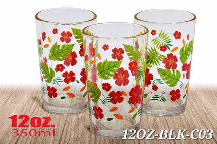 3 Vaso vidrio flor y hoja 12oz