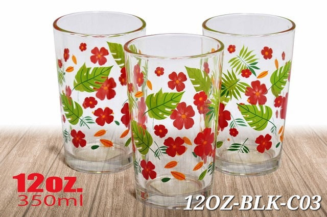 3 Vaso vidrio flor y hoja 12oz